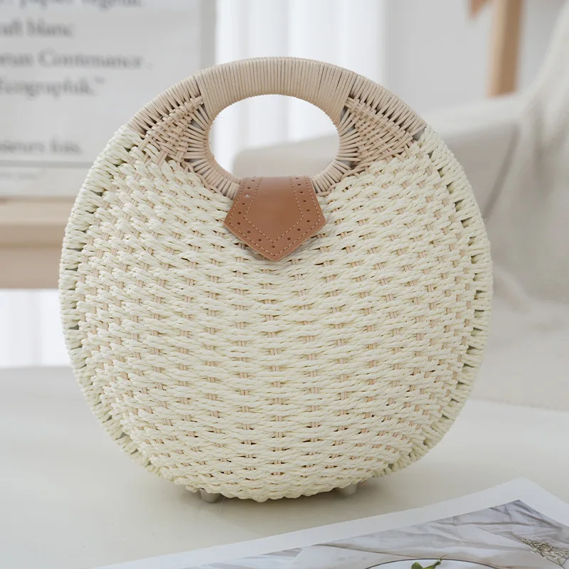 Natural Rattan Handwoven Round Shell Handbag Top-handle Bag Summer Fashion Bohemia Female Casual Tote Clutch Beach Bag