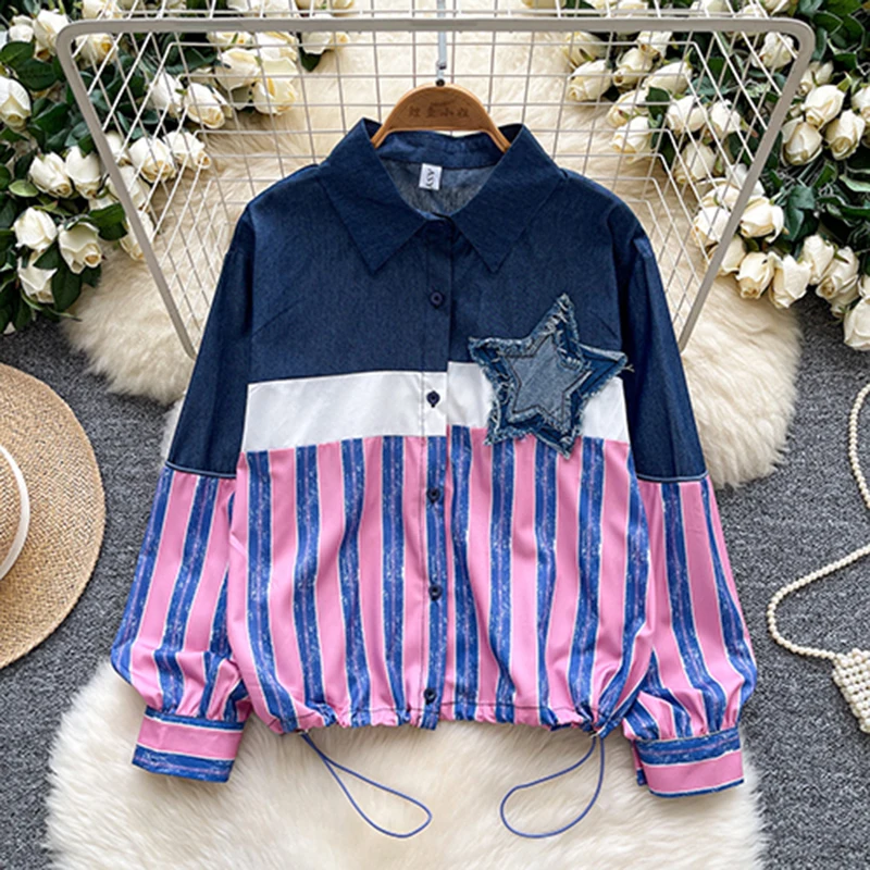 

Spring Autumn Long Sleeved Cowboy Splicing Striped Shirt Women's New Fashionable Loose and Versatile Top C535