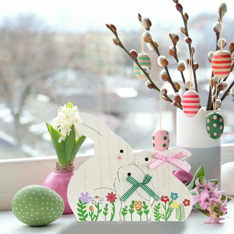 3PCS Bunny Wood Sign Spring Rabbit Decor Set Easter Bunny Signs Tabletop Rabbit Shape Decorations For Party