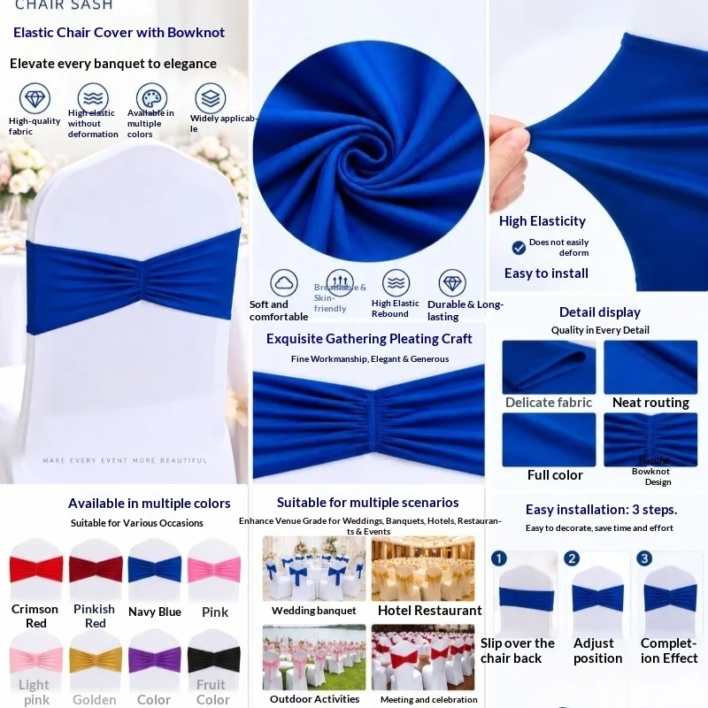 10/50Pcs No-Tie Stretch Chair Back Decor Elastic Chair Sash Cover with Pre-Tied Bow for Wedding Banquet Hotel Party Event Decor