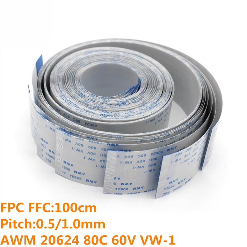 0.5/1.0mm Pitch 1000mm 100CM FPC FFC Flexible Flat Cable AWM 20624 80C 60V VW-1 Ribbon Wire 4/6/8/10/12/14/16/20/26/30/40/50/60P