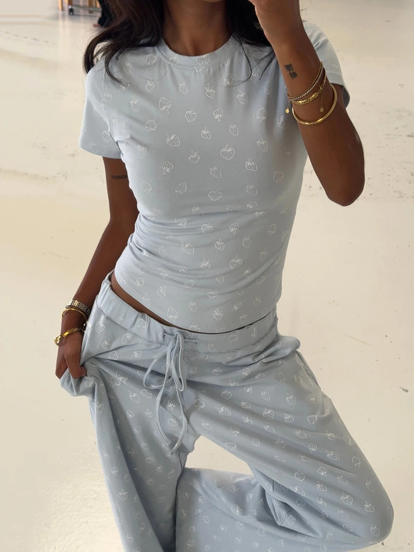 Marthaqiqi Printing Women Pajamas Set Short Sleeve Sleepwear Sexy Corp Top Nightie O-Neck Nightgowns Pants Ladies Nightwear Suit