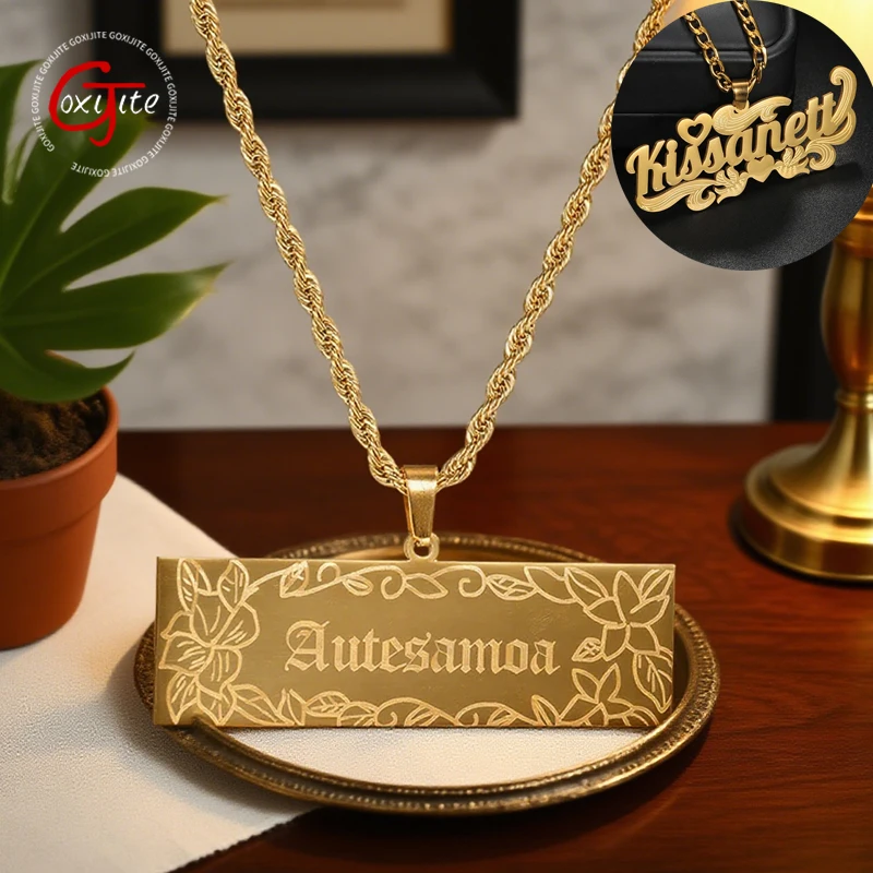 Goxijite Customized Big Nameplate Pendant Laser Marked Stainless Steel Personalized Name Thick Chain Necklace Birthday Gifts