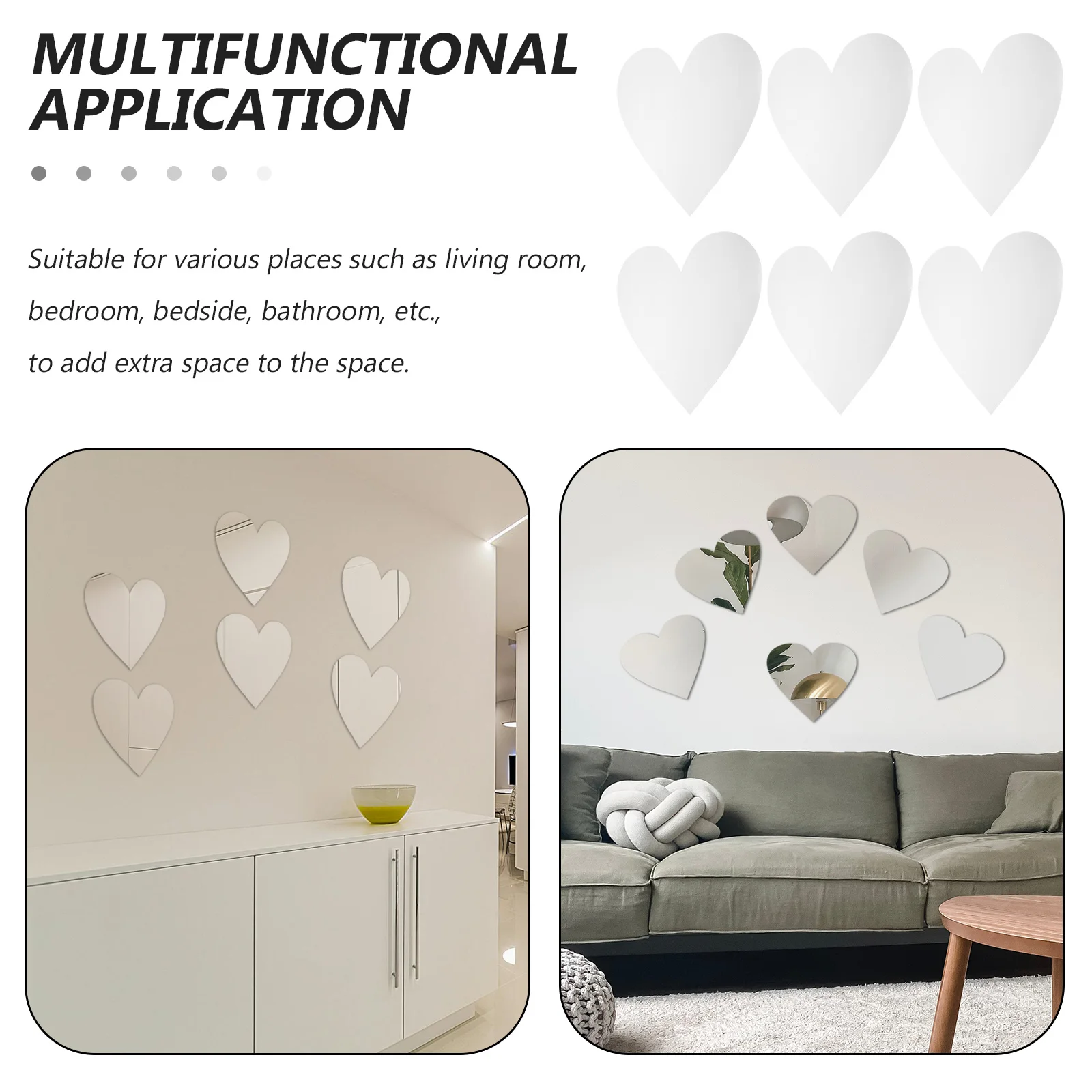 

6Pcs Heart Shape Mirror Wall Stickers Self Adhesive Wall Decals for Bedroom Living Room Mirror Surface Decoration