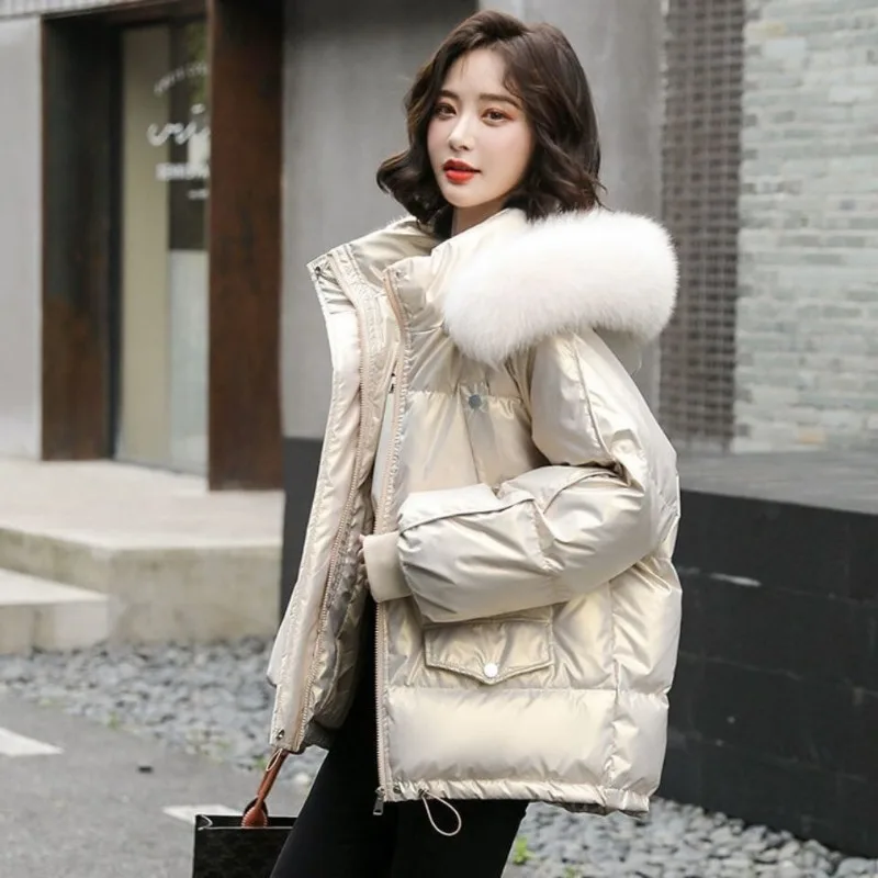 2023 New Women Down Cotton Coat Winter Jacket Female Mid Length Version Parkas Loose Thick Outwear Hooded Fur Collar Overcoat