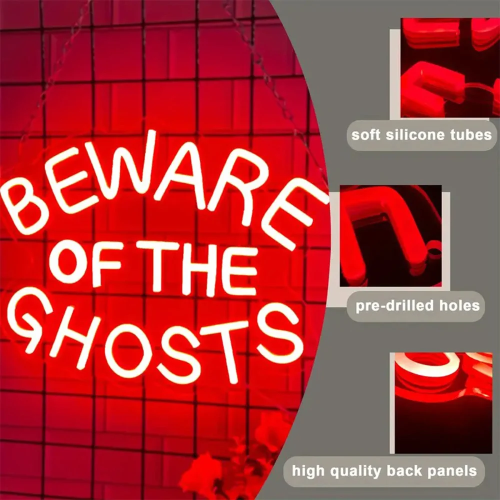 Beware of Ghosts" Neon Sign - Gothic Home & Yard Decor, Spooky USB-Powered Wall Light for Bedroom, Party & Holiday Ambiance