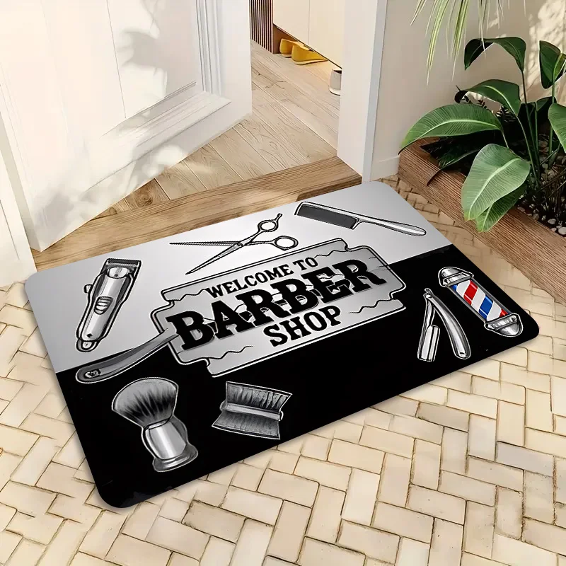 Barber Shop Welcome Door Mat Rectangle Black White Hair Salon Non-Slip Rug Vintage Haircut Carpet for Indoor Entrance Decor