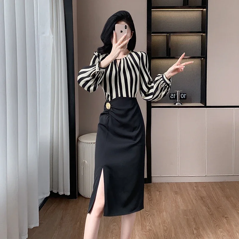 Elegant Striped Long-sleeved Slim Long Pencil Dress Formal Party Office Lady Work