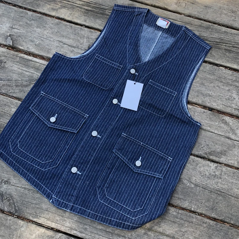 Buckle Back Retro Denim Vest Men\'s Multi Pockets Workwear Sleeveless Jacket Y2k Youth Male Striped Blue Camisole Top Vintage