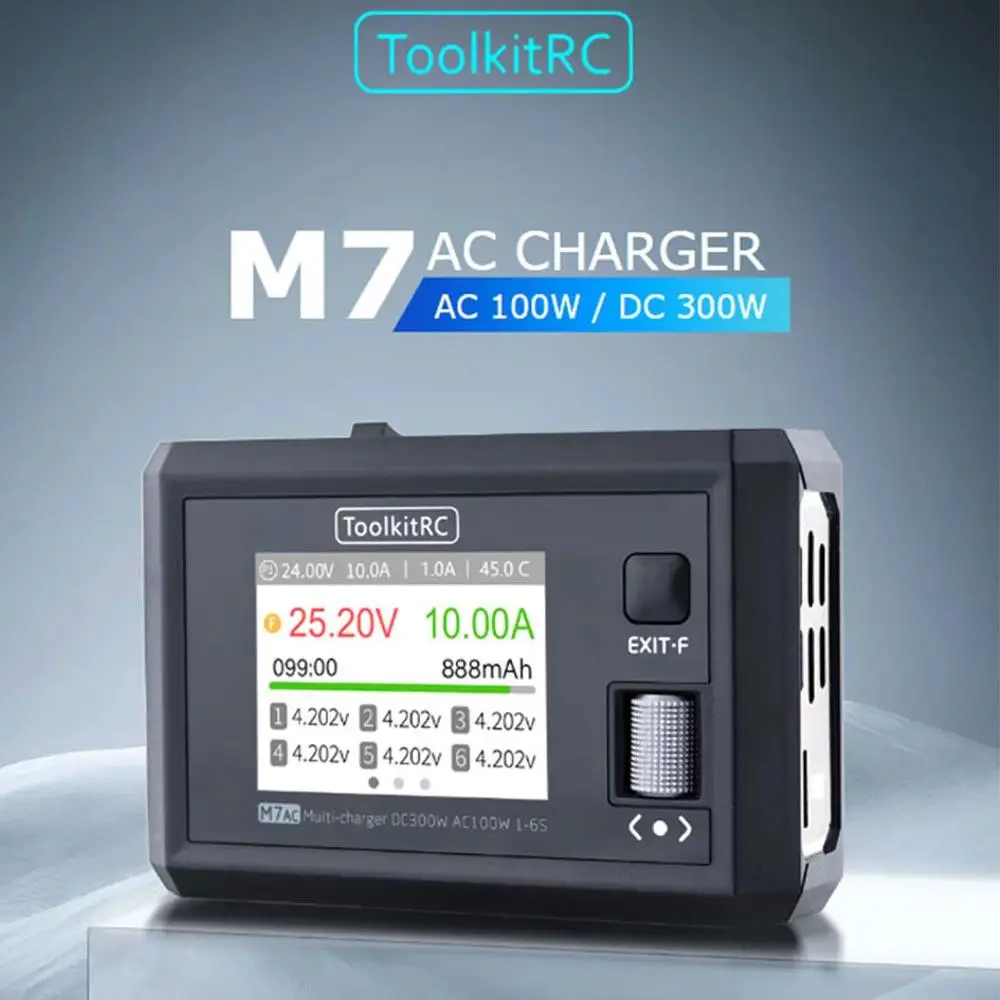 

ToolkitRC M7AC 100W AC / 300W DC Input XT60 XT30 Output 2-6S Lithium Battery Balance Charger for Model Aircraft Drone Charge