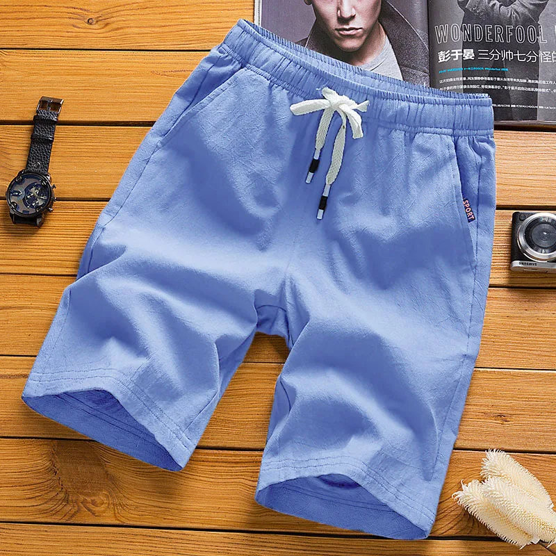 Summer new men's imitation linen breathable shorts Hawaii beach pants men's solid color shorts loose multi-functional street wea