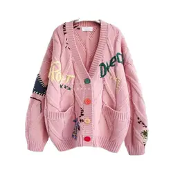 Fashion lazy Wind Embroidered Sweater Female 2024 Autumn And Winter New Letter Design Loose Casual Sweater Coat Female Tide.