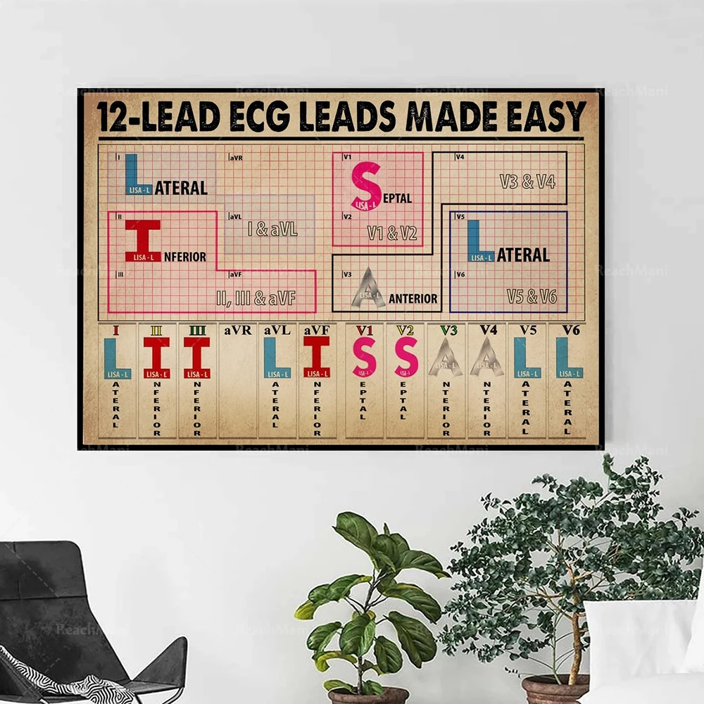 12 Lead EKG Leads Made Easy Wall Decor Poster Cardiologist Guide Plaque Hospital Office Clinic Decor Gift