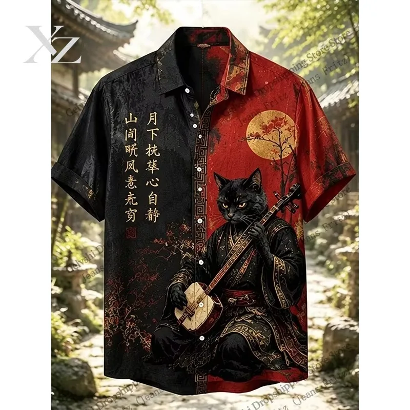 Cartoon Men Women  Fashion Lapel Hawaiian Shirt Japanese Ukiyo-e Samurai Cat 3d Print Shirt Short Sleeve Beach Shirt Men Clothes