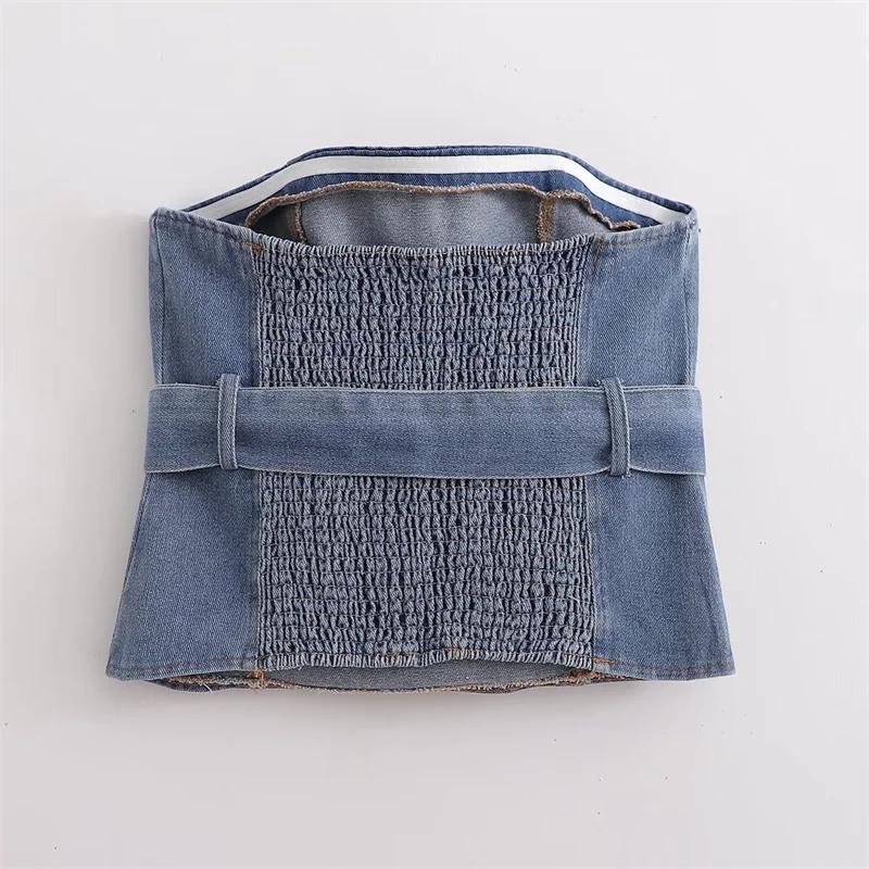 KEYANKETIAN New Launch Women's With Belt Decoration Denim Corset Vest Y2K Sexy Slash neck Strapless Crop Top Slim Pullover