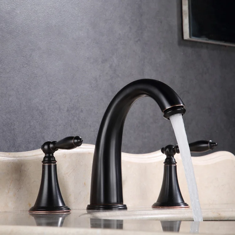 

Factory Wholesale Copper Three-Piece Golden Faucet Antique Black Ancient Three-Hole Split Table Wash Basin Faucet