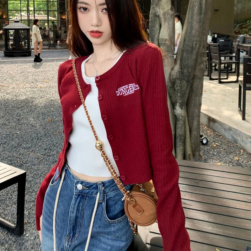 Wine Red Letter Embroidery Sweater Jackets Crop Top for Girls Slim Single Breasted Cardigan Winter Coat All-match Korean Fashion