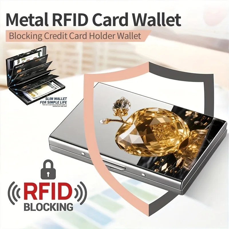 Goldener RFID-Anti-Diebstahl-Metallkartenhalter mit Apple-Muster für Männer und Frauen, Sichere und Stilvolle Kartenaufbewahrung – Detail 4