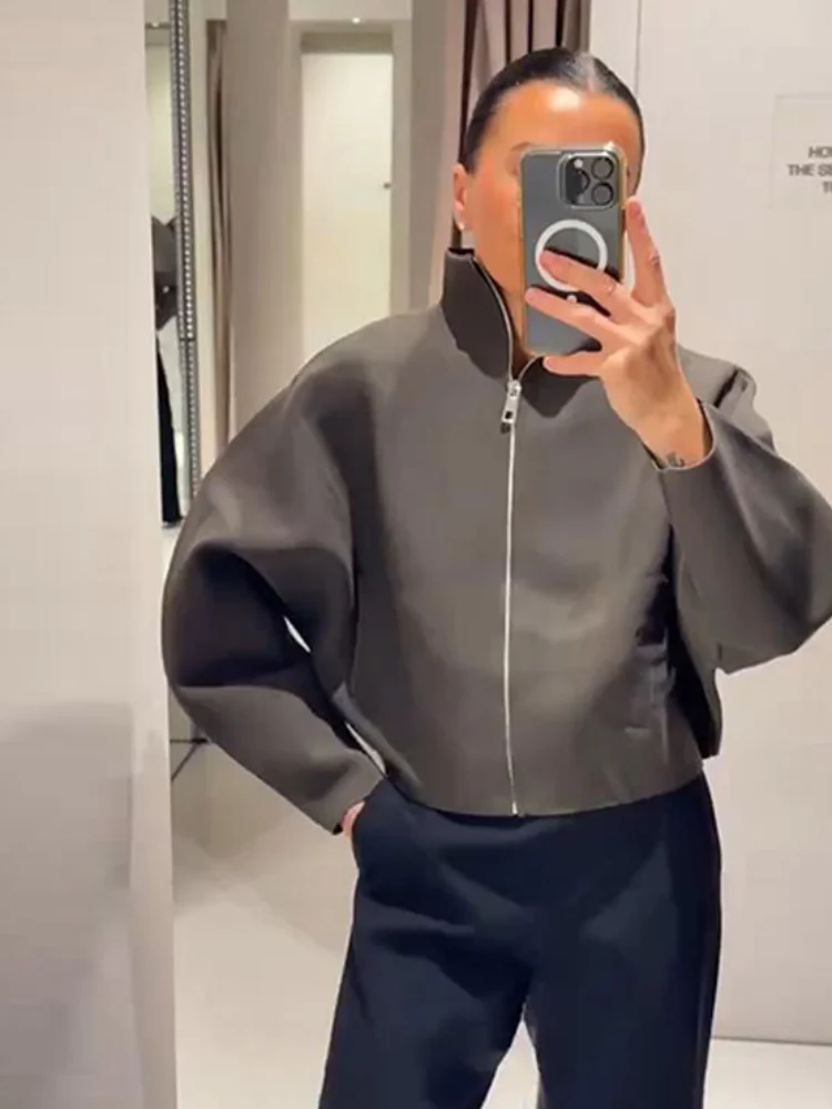 Y2K stojáček na zip pletená bomber bunda dámská elegantní dlouhý rukáv kabát dámská high street chic 2026 jaro dámské svrchní oblečení - náhled 3