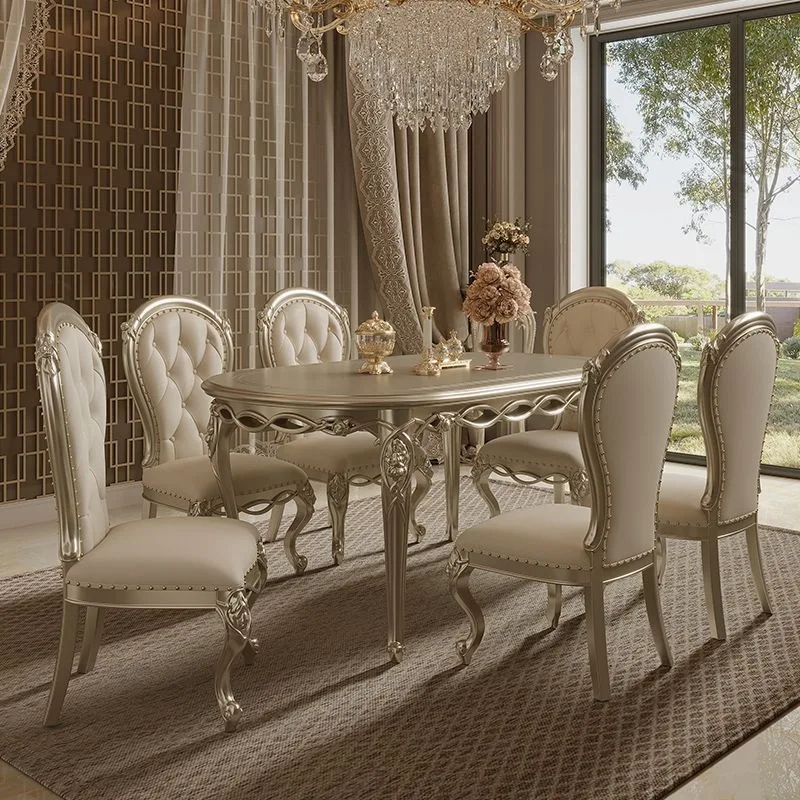

French light luxury solid wood long dining table household dining table oval dining table and chair combination European America