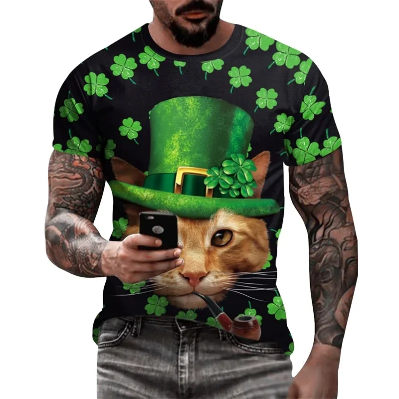 Men's St Patricks Day T-Shirts 3D Printed Novelty Clover Leaves Pattern Tees Shirt Summer Casual Short Sleeve Oversized Tshirt