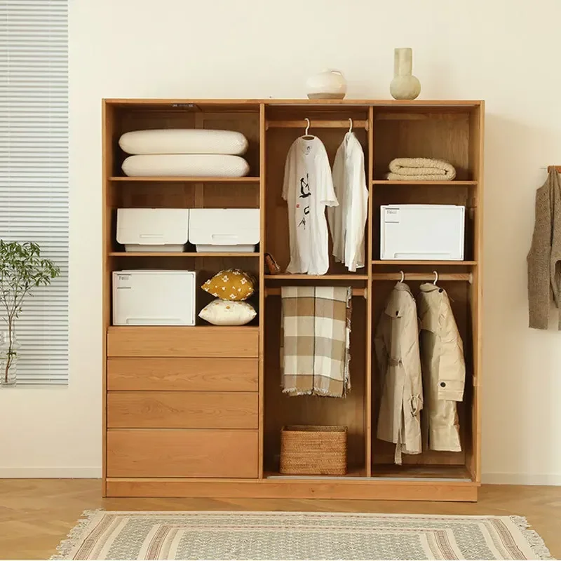 日本の無垢材ワードローブ桜材北欧ログシンプルスライドシャッタードア寝室ワードローブホームロッカー