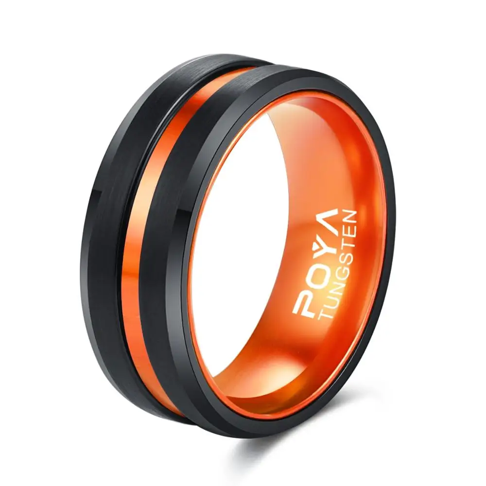 

8mm Width Tungsten Jewelry Wedding Ring for Men Black Plating Brushed with Orange Aluminum Liner Inside Large Size 6-14