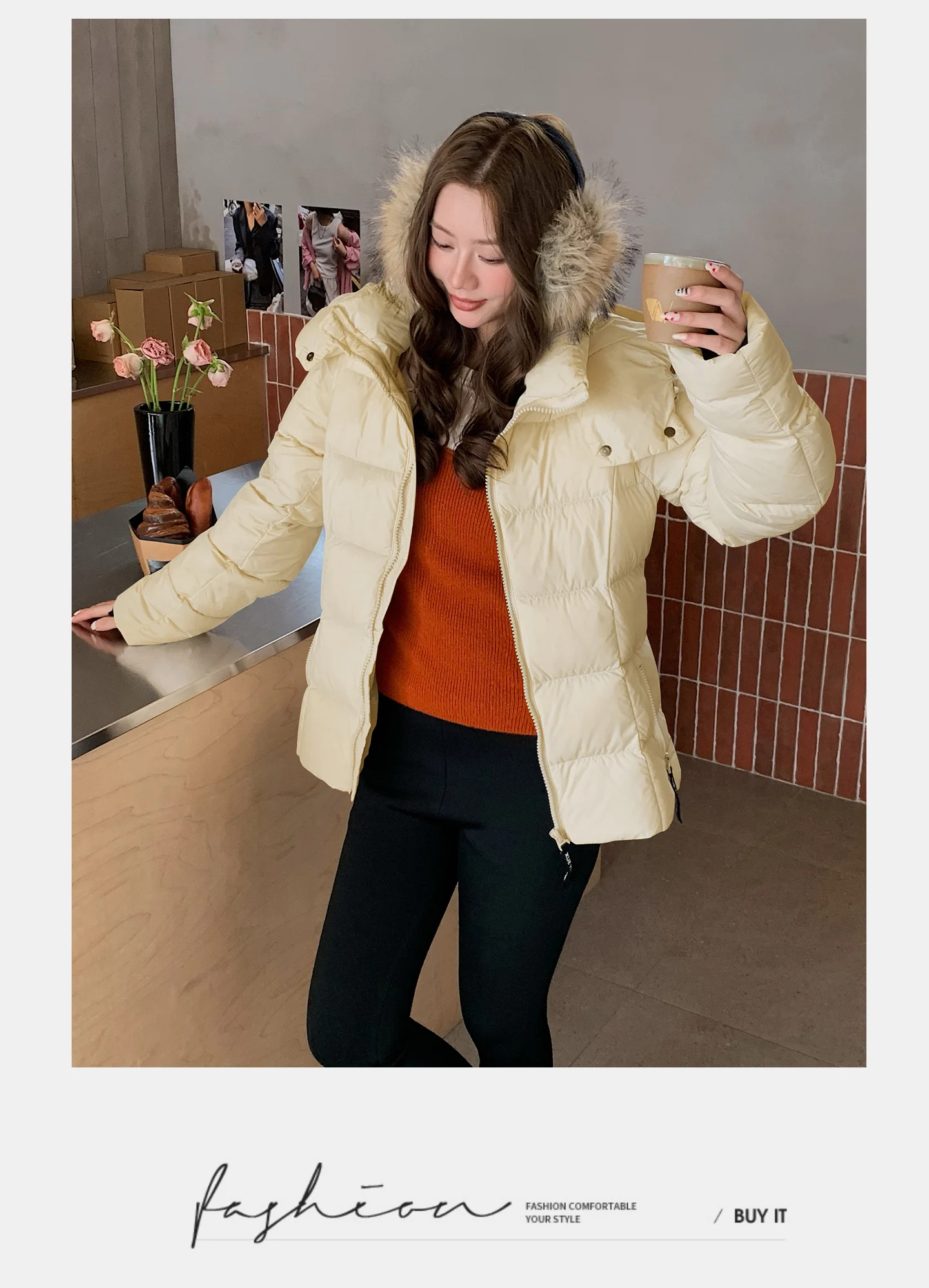 Winter Solid Color Long-sleeved Short Fur Collar Hooded Down Jacket Korean Women's Holiday Fashion Versatile and Thin Coat