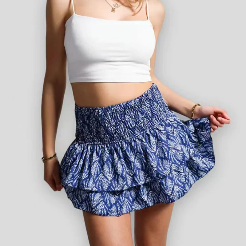 

2024 Summer Floral Pleated Short Skirt For Women Vintage Women's High Waist Ruffle Mini Skirt Female Vacation Bohemian Dress