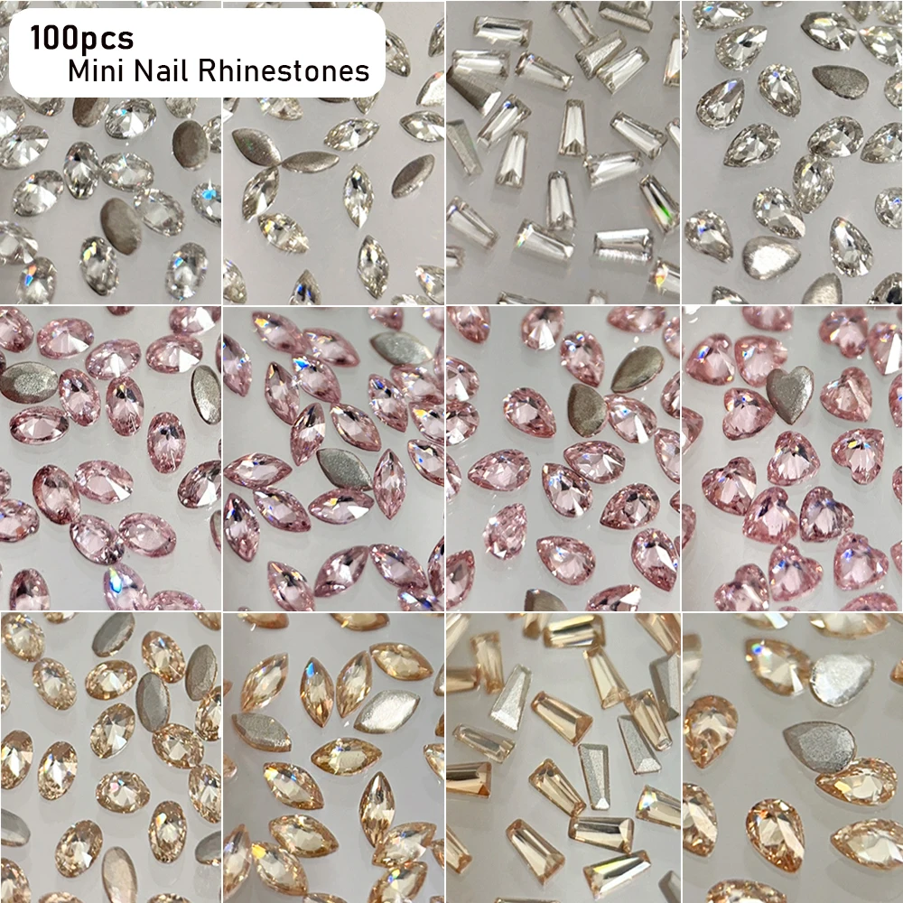 100 pçs branco/rosa/champanhe ouro mini strass zircão flash invertido fundo plano acessórios de unhas de luxo gota de água/coração gem
