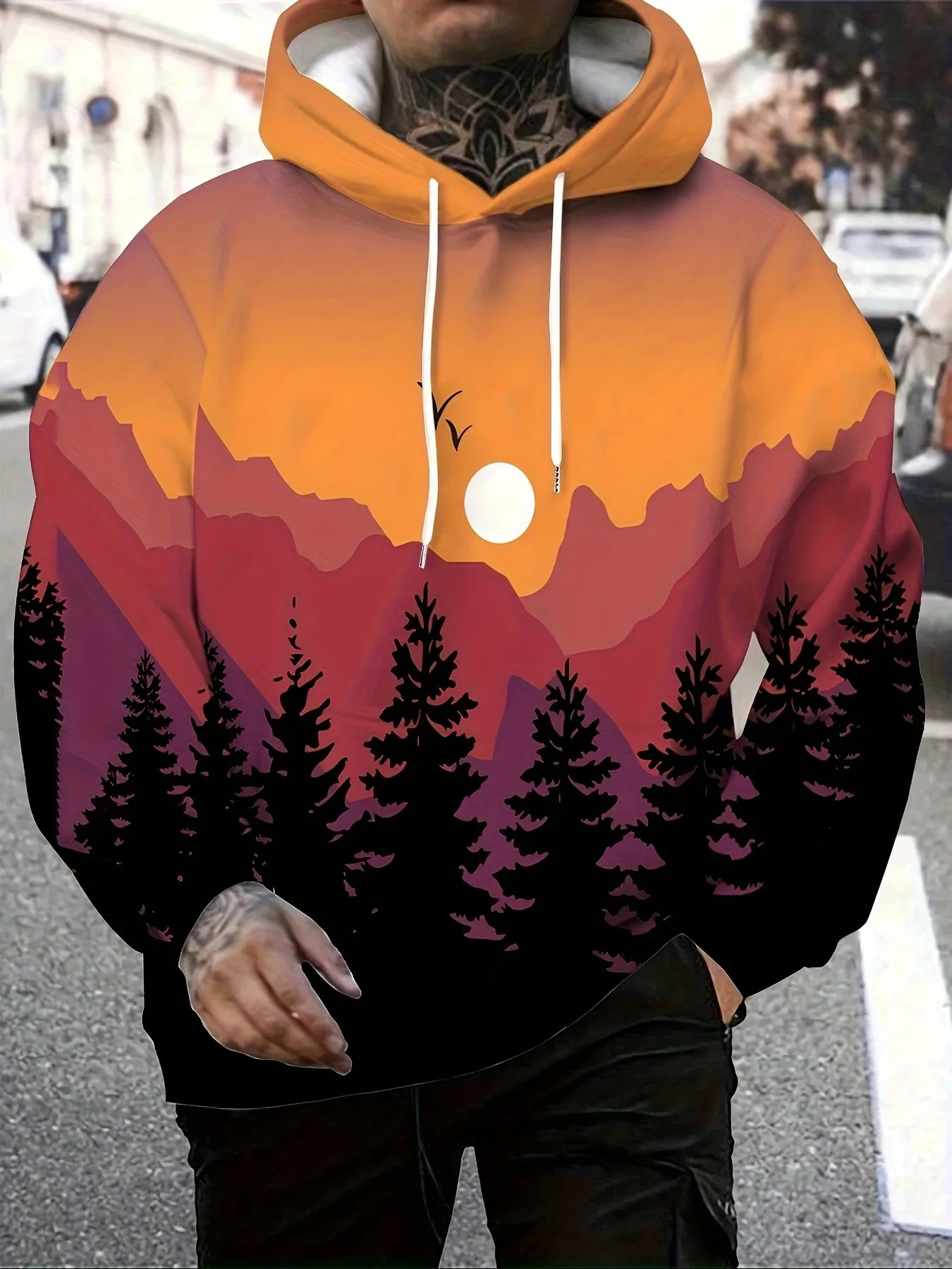 Mens Warm Sunset Tone Hoodie Minimal Mountain Forest Bird Scenic Landscape Graphic Hiking Casual Sweat Top