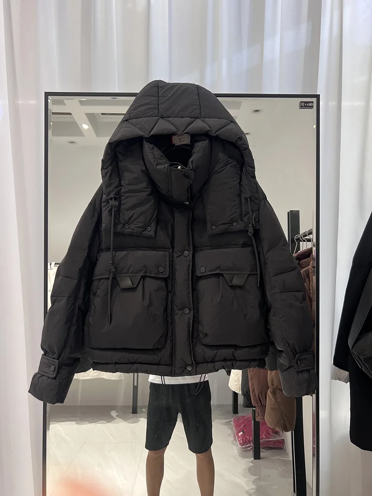 2025 new women's Korean version fashion hooded large pocket multi button versatile short style white duck down jacket