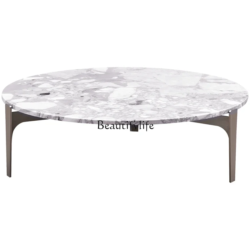 

Italian minimalist coffee table combination marble stainless steel light luxury round edge table