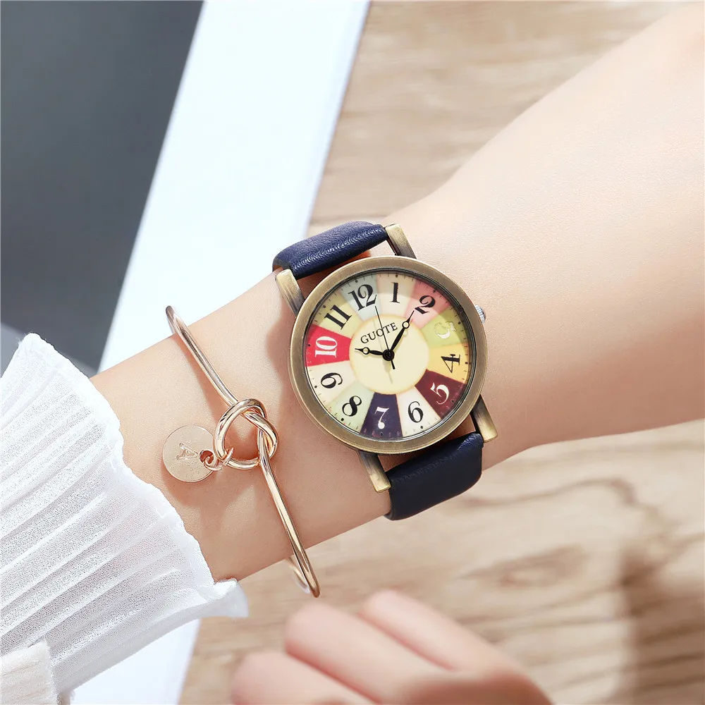 Vintage Antique Bronze Case Quartz Ladies Belt Watch Creative Wheel Women's Decorative Wrist Watch