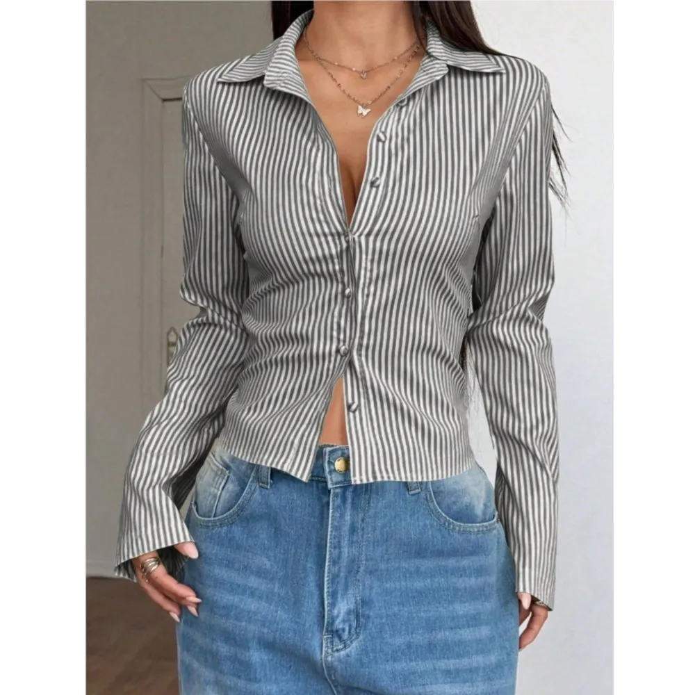 Camisa de manga larga a rayas con estampado de moda para mujer, nuevo estilo, primavera y otoño, camisa ajustada y versátil para oficina para mujer, Tops 2025