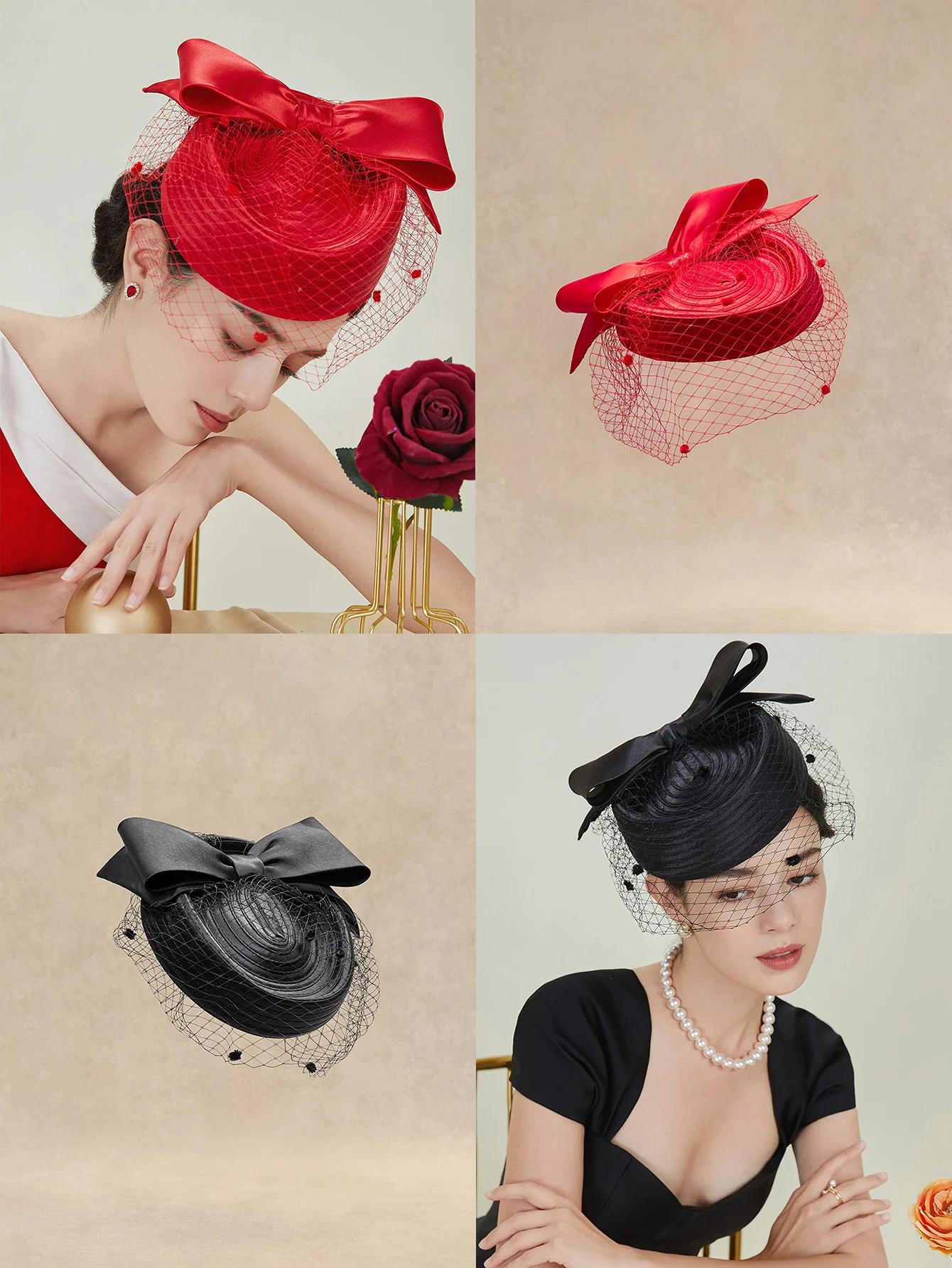 

Retro Hair Accessories Elastic Mesh Fascinators Satin Headdress Flower Headpieces Bride Headband With Veil for Women Ladies Girl