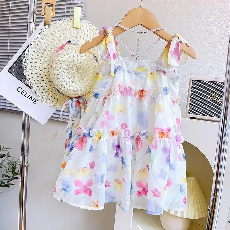 Girls2024Summer Shoulder Strap Adjustable Printed Sling New Children Princess Dress with Hat One-Piece Delivery-WSNY