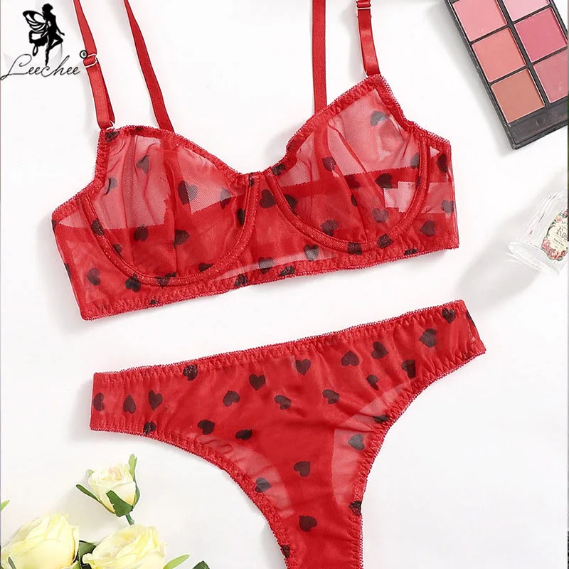 Leechee New Srrival Erotic Lingerie Love Printing Women\'s Underwear 7 Colors Mesh Perspective Two Piece Bra Set For Female