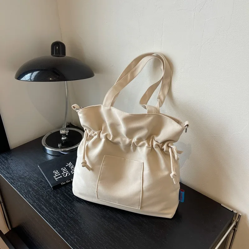 Canvas Shoulder Bag Solid Color Drawstring Large Capacity Tote Bags for Women Casual Shopping Travel Commuter Connector Handbag