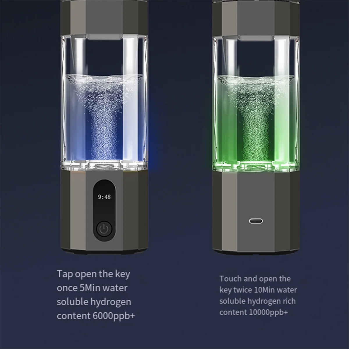 Durevole generatore di idrogeno per elettrolisi PEM Display 8000PPB Bottiglia d'acqua portatile ricaricabile per idrogeno nera
