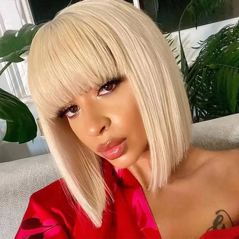 

613 Silk Straight Pixie Cut Human Hair Wigs With Bangs Short Bob No Lace Wig Brazilian Virgin Hair Wigs For Black Women Girls