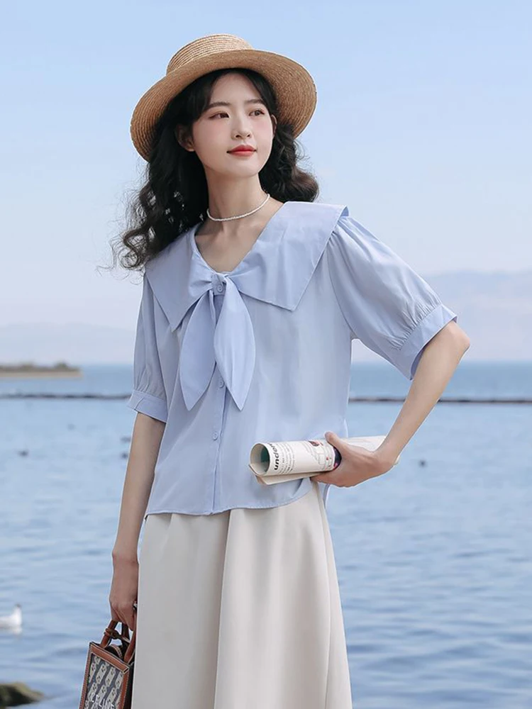 Zoki Sweet Bow Elegant Shirt Women Korean Loose Short Sleeve Blouse Casual Cute Peter Pan Collar Female Summer All Match Tops