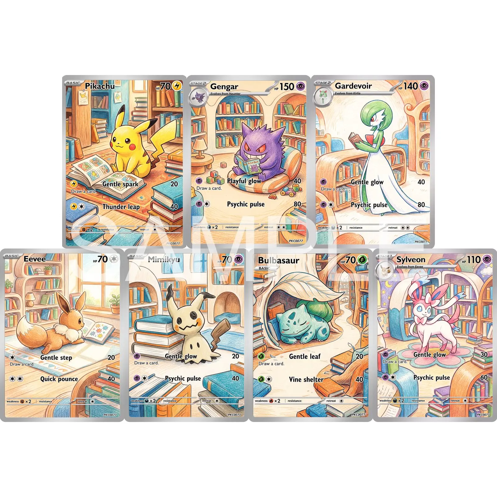 7Pcs PKM Cards PTCG Colored Pencil Storybook Style Gengar Gardevoir Eevee Mimikyu Bulbasaur Sylveon Art Collection Cards PTCG