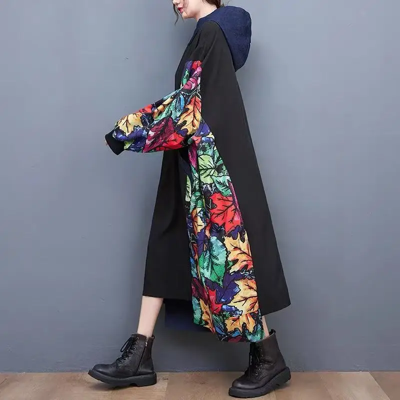 2025 Spring New Elegant Patchwork Printed Hooded Loose Long Dress Women Long Sleeve Dress Female Wholesale J655