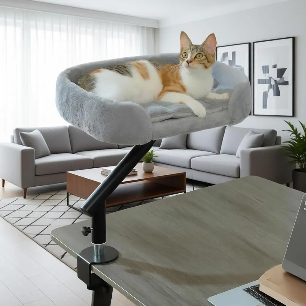 

Desk Bed or Indoor Cats, Cat Bed Supports Up to 50 lbs, 360° Rotation & Adjustable, Nest Desktop Attachment Cats Hammock or Tabl
