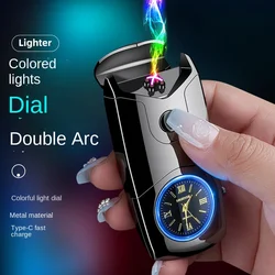 Creative Colorful Lights Watch Smart Dual Arc Rechargeable Lighter Creative Metal Windproof Cigarette Lighter，gift for man