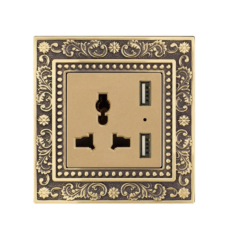 Luxury European retro Metal Button Switch panel,EU France Standard copper Wall socket,Universal light home switch power outlet