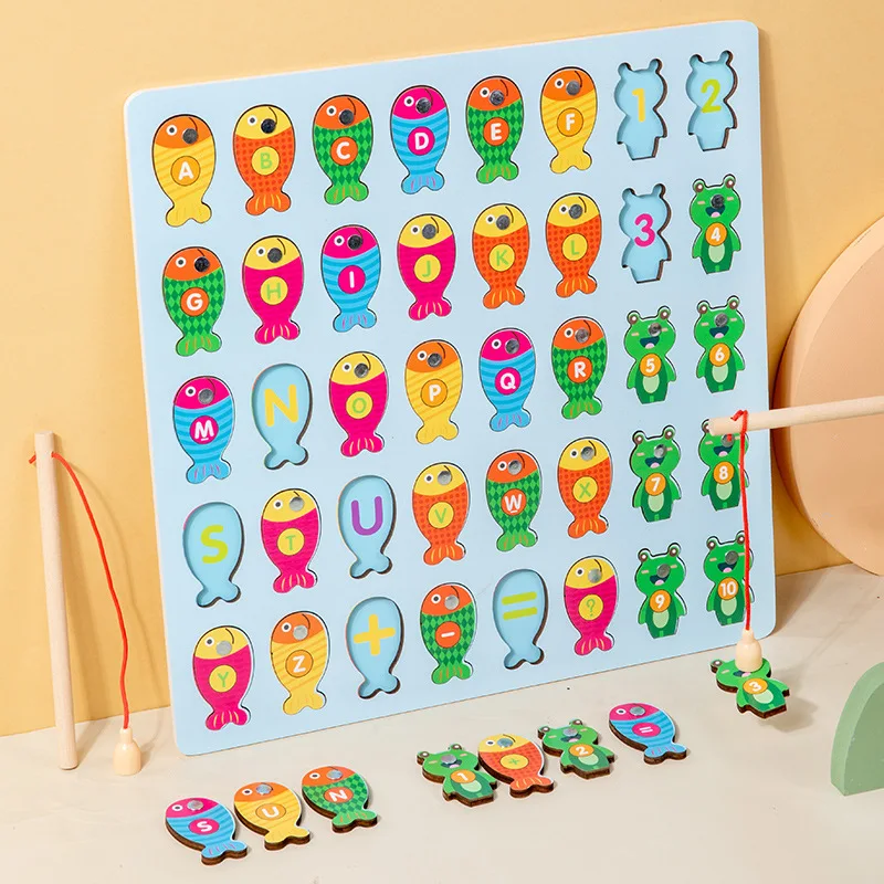 Children's educational toys magnetic fishing games wooden alphanumeric cognitive fishing toys kindergarten parent-child game