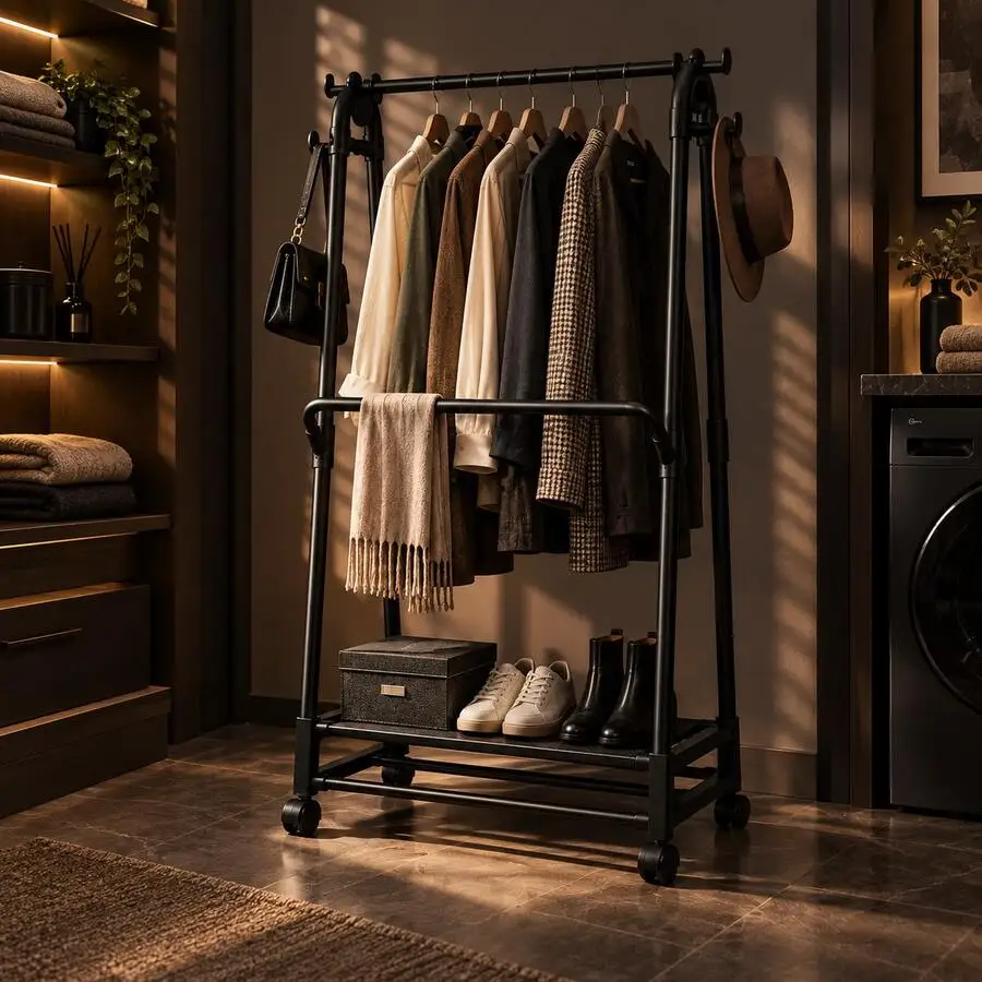 Clothing Rack With Wheels, Carbon SteelSingle Rod Garment Rack With Scarf Bar, Hooks & 2-Tier Shoe Storage, Freestanding Clothes