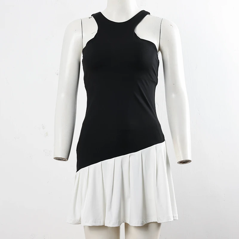 男性と女性のためのノースリーブのプリーツスカート,黒いパッチワーク,ゴルフウェア,テニスドレス,スポーツ,速乾性,バドミントントレーニングウェア